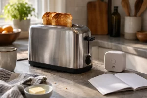 A plain stainless steel toaster, bread, and a small home safety sensor sit on a sunlit kitchen counter.