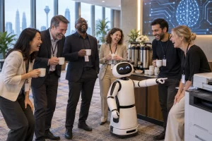 Six fictional summit delegates laugh at an unbranded service robot that points to a printer beside a coffee station.