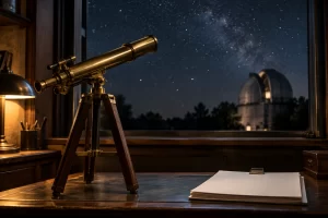 A brass telescope stands beside a clipped stack of blank papers beneath a clear star filled night sky.