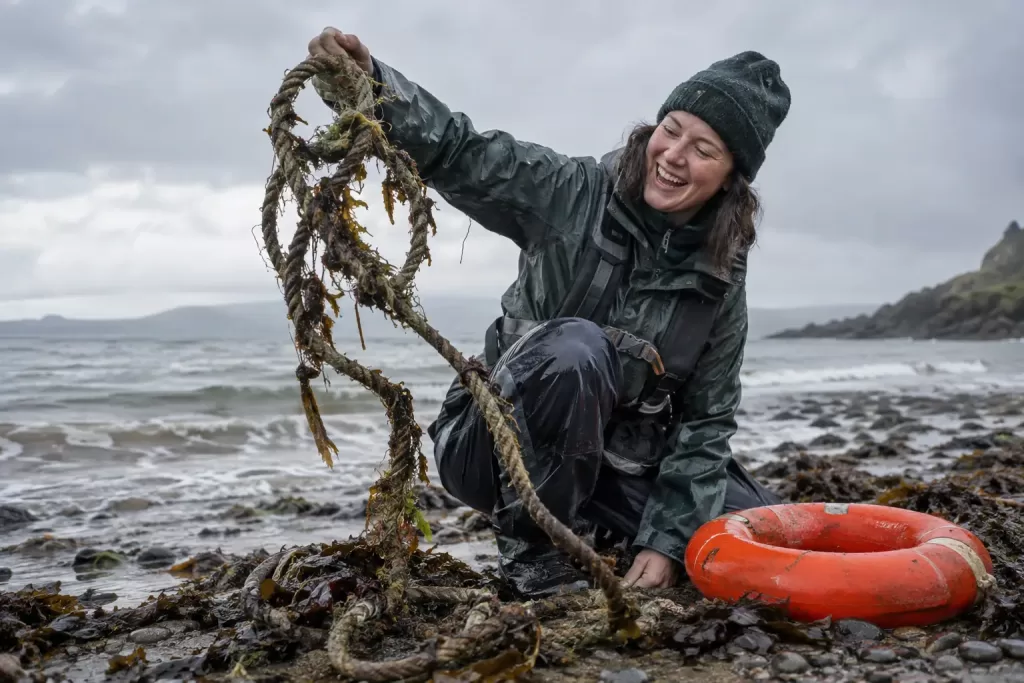 Original editorial photograph of a laughing coastal ranger holding a seaweed-covered rope on a rainy shoreline for the Allonby Bay anchoring byelaw