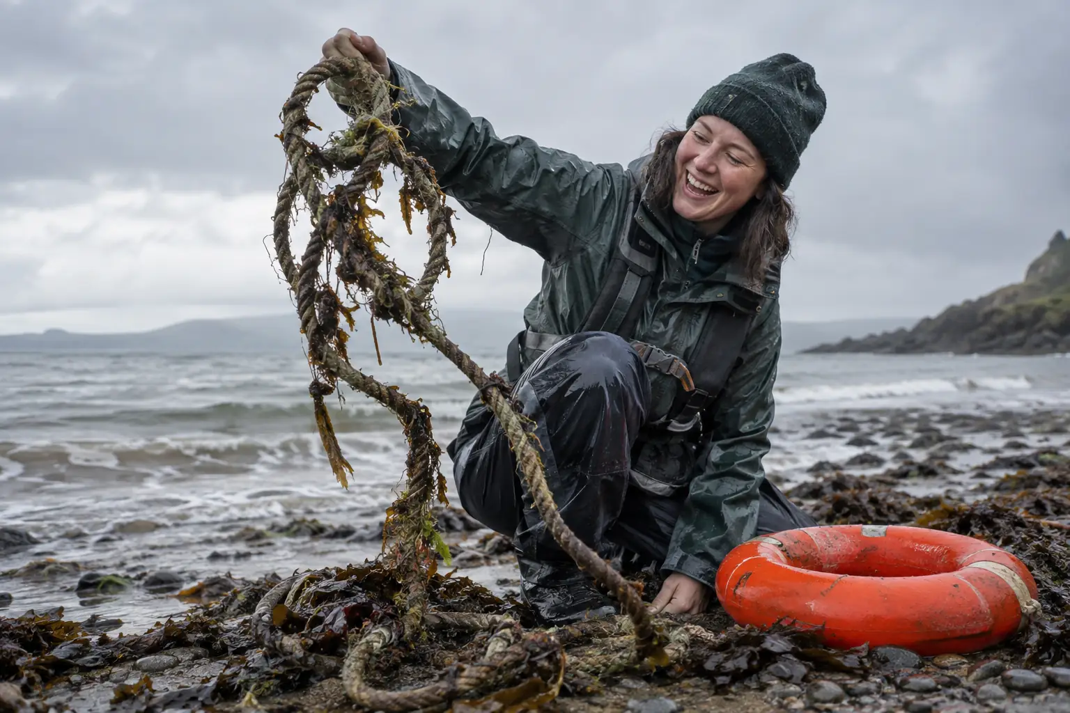 Original editorial photograph of a laughing coastal ranger holding a seaweed-covered rope on a rainy shoreline for the Allonby Bay anchoring byelaw