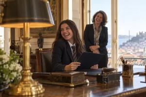 A laughing school pupil sits at an embassy desk while a laughing female mentor stands by a window behind her.