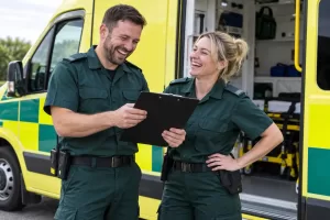 Two laughing paramedics beside a generic ambulance for record ambulance fleet delivery