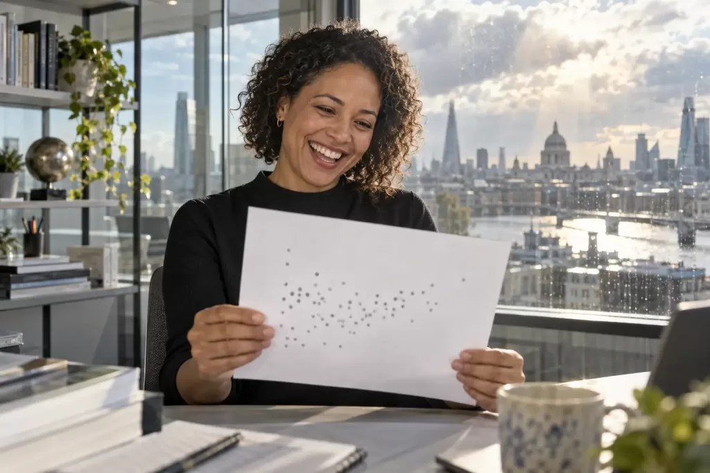Original editorial photograph of one laughing mixed-race woman statistician holding a blank scatterplot sheet in a sunlit civic data office, with no logos or readable data