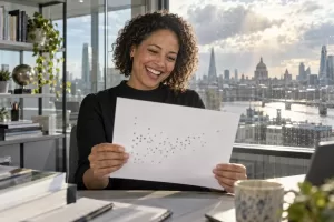 Original editorial photograph of one laughing mixed-race woman statistician holding a blank scatterplot sheet in a sunlit civic data office, with no logos or readable data