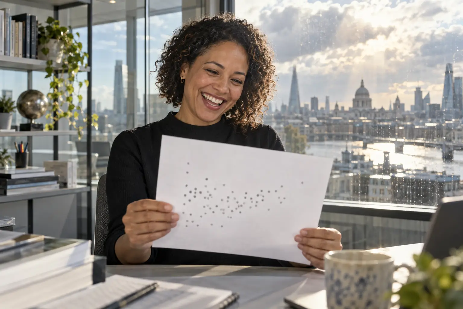 Original editorial photograph of one laughing mixed-race woman statistician holding a blank scatterplot sheet in a sunlit civic data office, with no logos or readable data