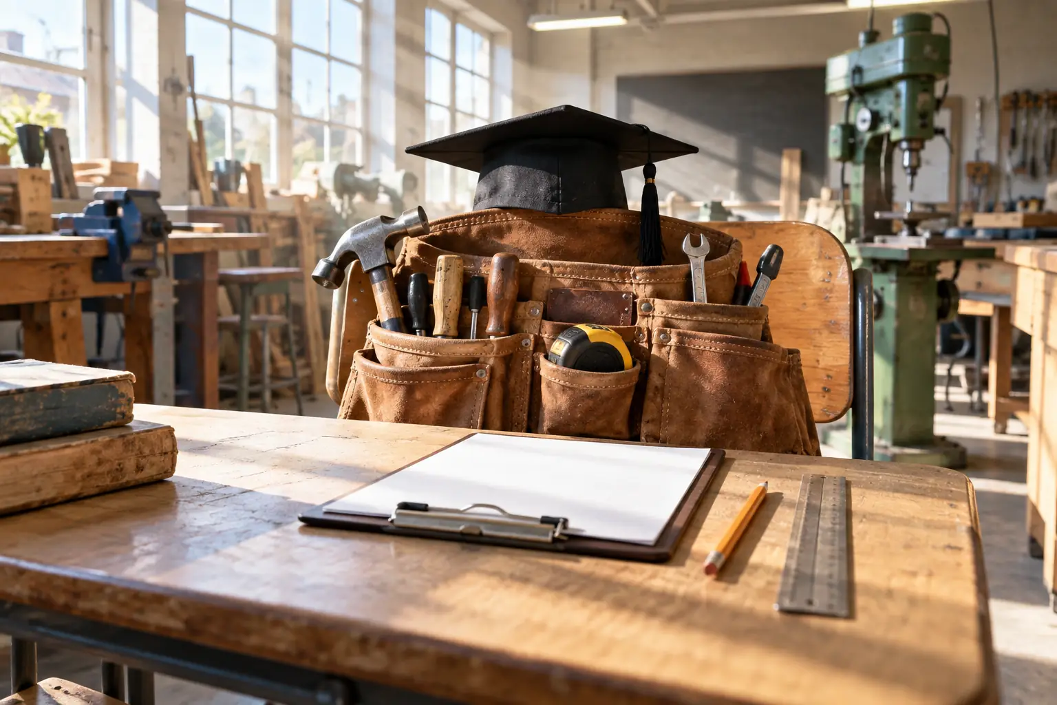 Tool belt wearing a graduation cap for fictional apprenticeship funding bands reviews editorial photograph