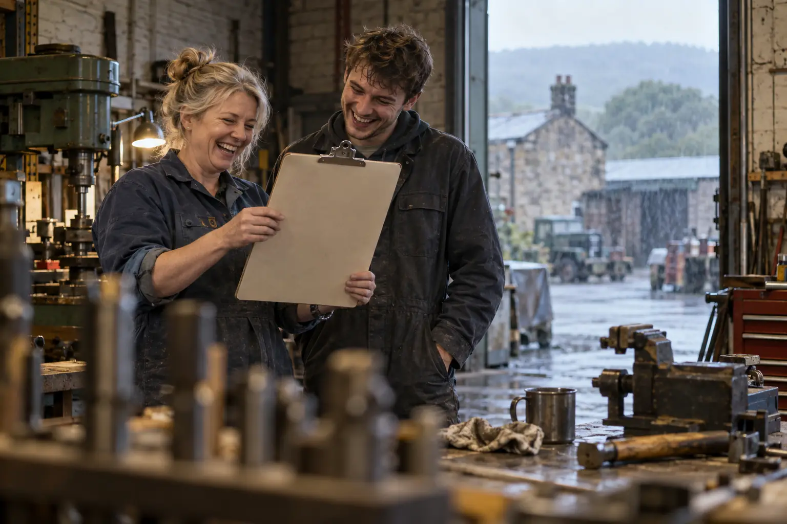 Original editorial photograph of two laughing adults in a rainy workshop admiring an oversized blank clipboard for apprenticeship funding guidance