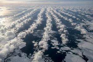 Long parallel rows of white cumulus clouds cross dark Arctic water and broken sea ice under pale winter light.