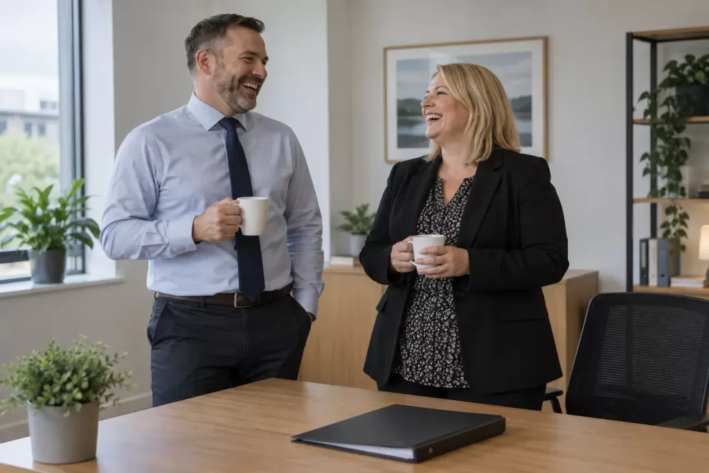 Two laughing office workers with a folder for Armed Forces Commissioner appointed