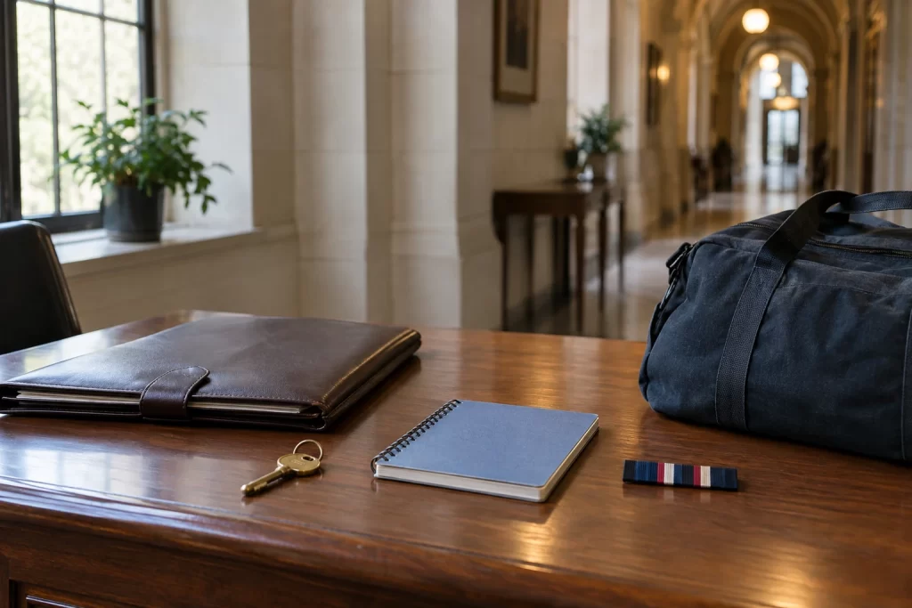 A public service desk holds a document folder, house key, school notebook, travel bag and service ribbon.