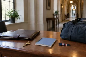 A public service desk holds a document folder, house key, school notebook, travel bag and service ribbon.