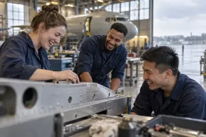 Original editorial photograph of three laughing adult engineering trainees examining a plain aluminium aircraft-panel mock-up in a rainy technical hangar, with no logos or text