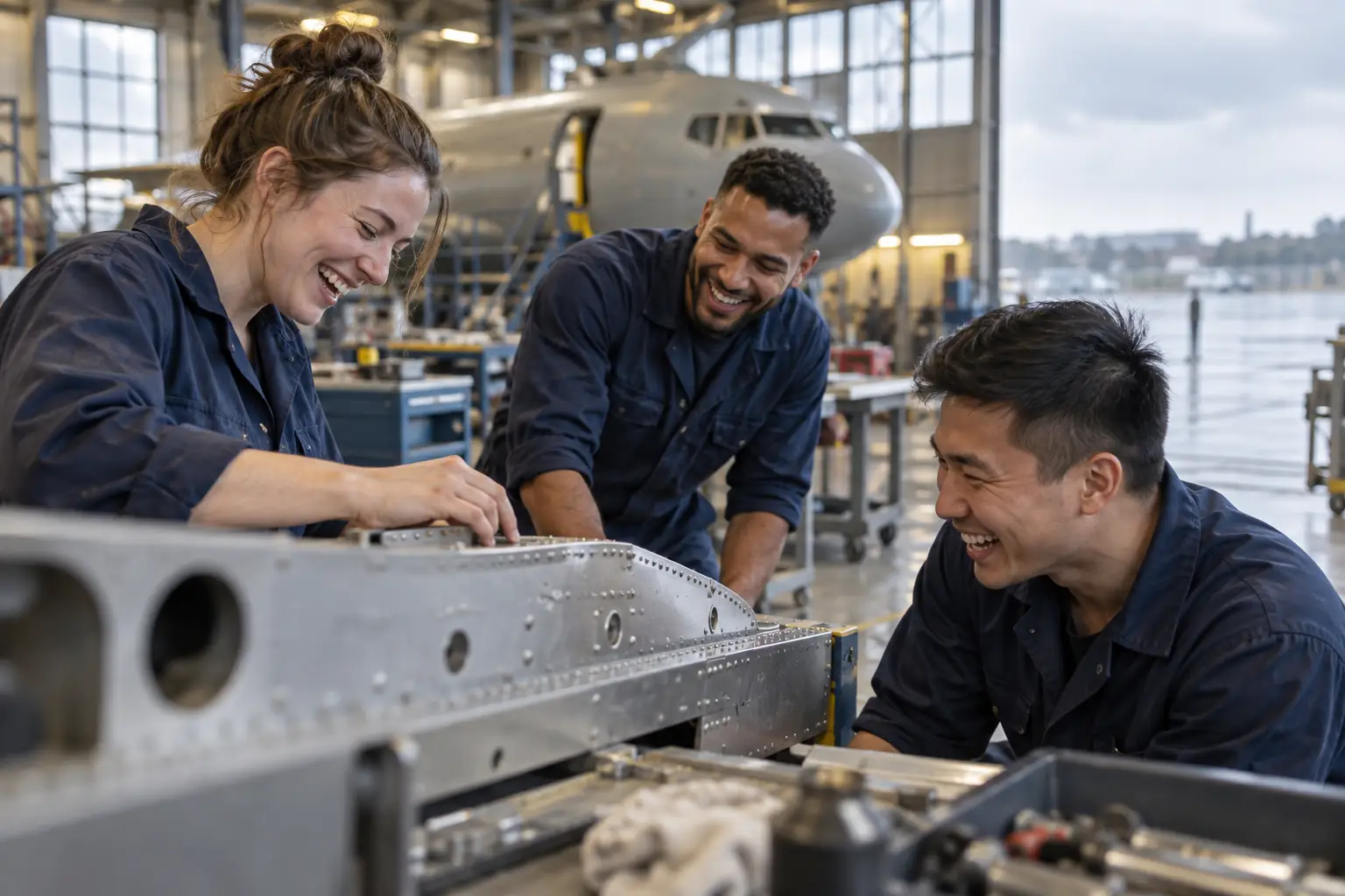 Original editorial photograph of three laughing adult engineering trainees examining a plain aluminium aircraft-panel mock-up in a rainy technical hangar, with no logos or text
