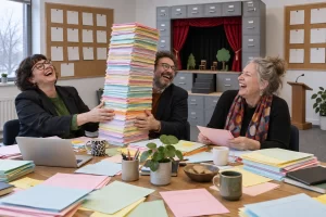 Three fictional adult arts administrators laugh beside an overflowing stack of consultation forms and a miniature theatre stage in a meeting room.