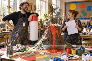 Two laughing fictional arts teachers beside a glue stick and papier mache volcano