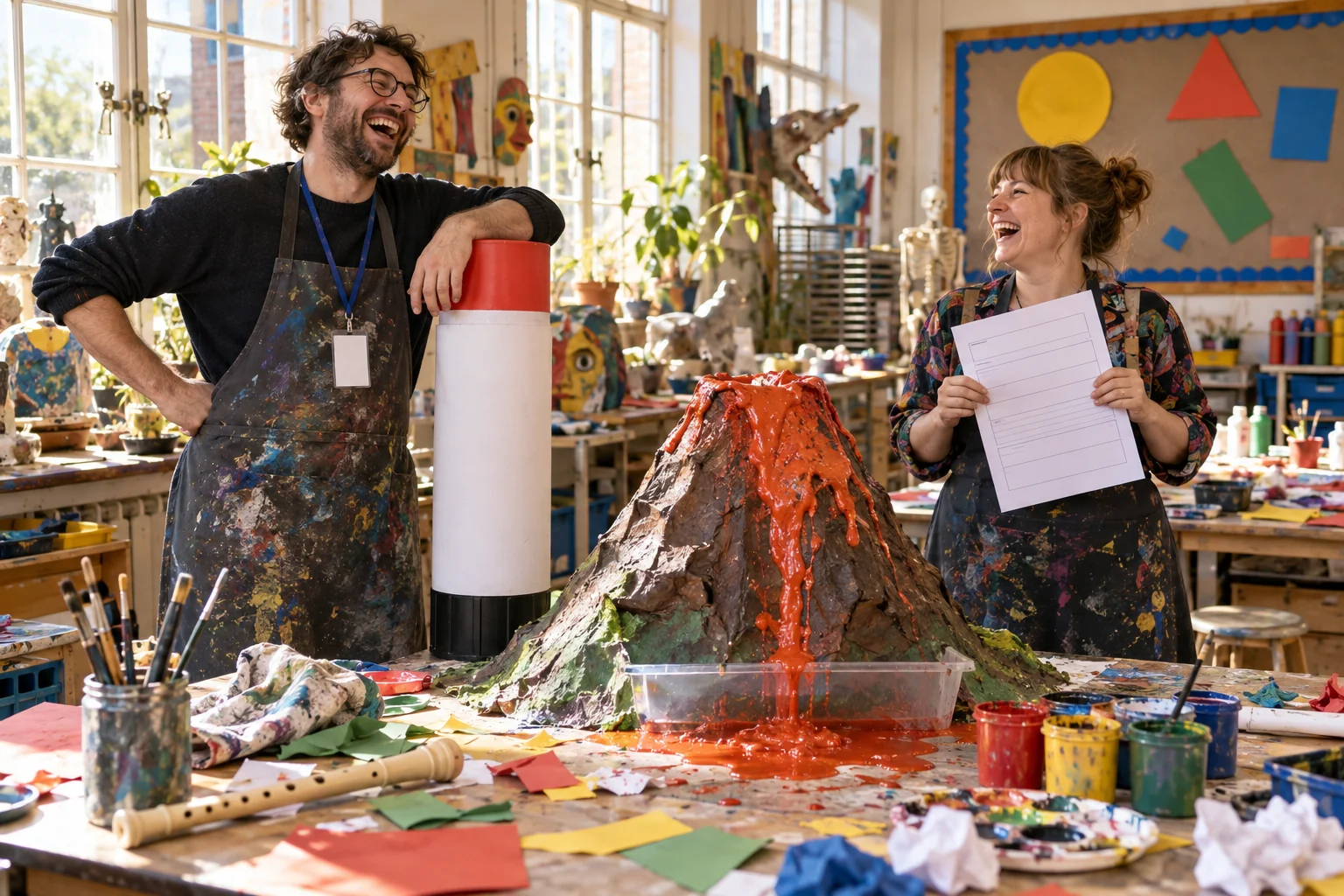 Two laughing fictional arts teachers beside a glue stick and papier mache volcano