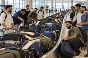 Fictional adult cricketers laugh around an airport baggage carousel full of unbranded kit bags and cricket bats.