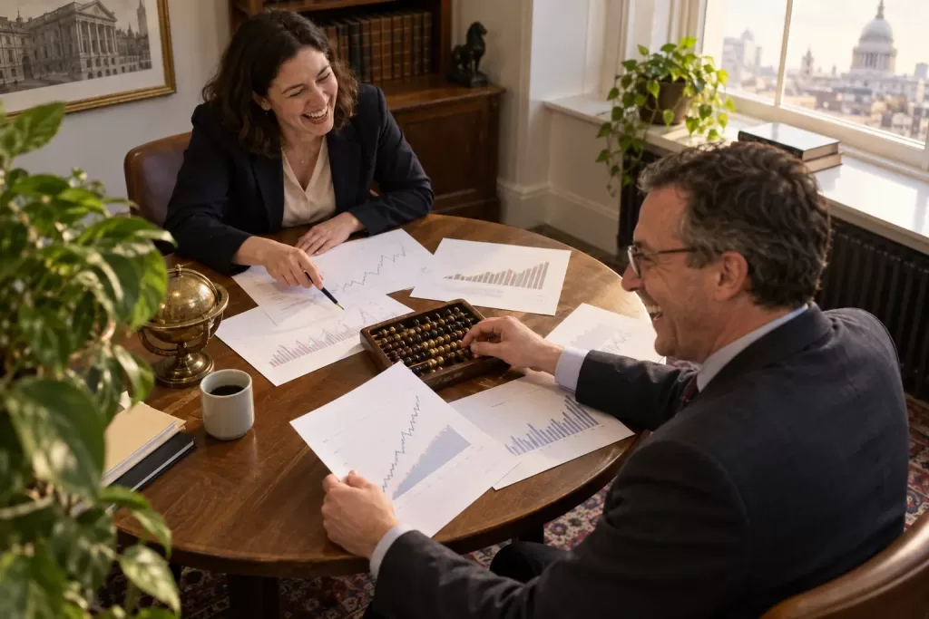 Two laughing economists at fictional Asset Purchase Facility ceiling May 2026 discussion