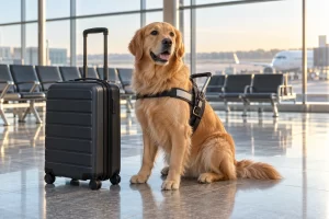 A calm golden retriever assistance dog in an unbranded guide harness waits beside a carry on suitcase in an airport terminal.