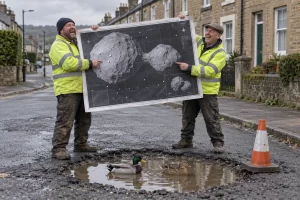 Two laughing road surveyors display an invented asteroid map beside a flooded pothole occupied by two ducks.