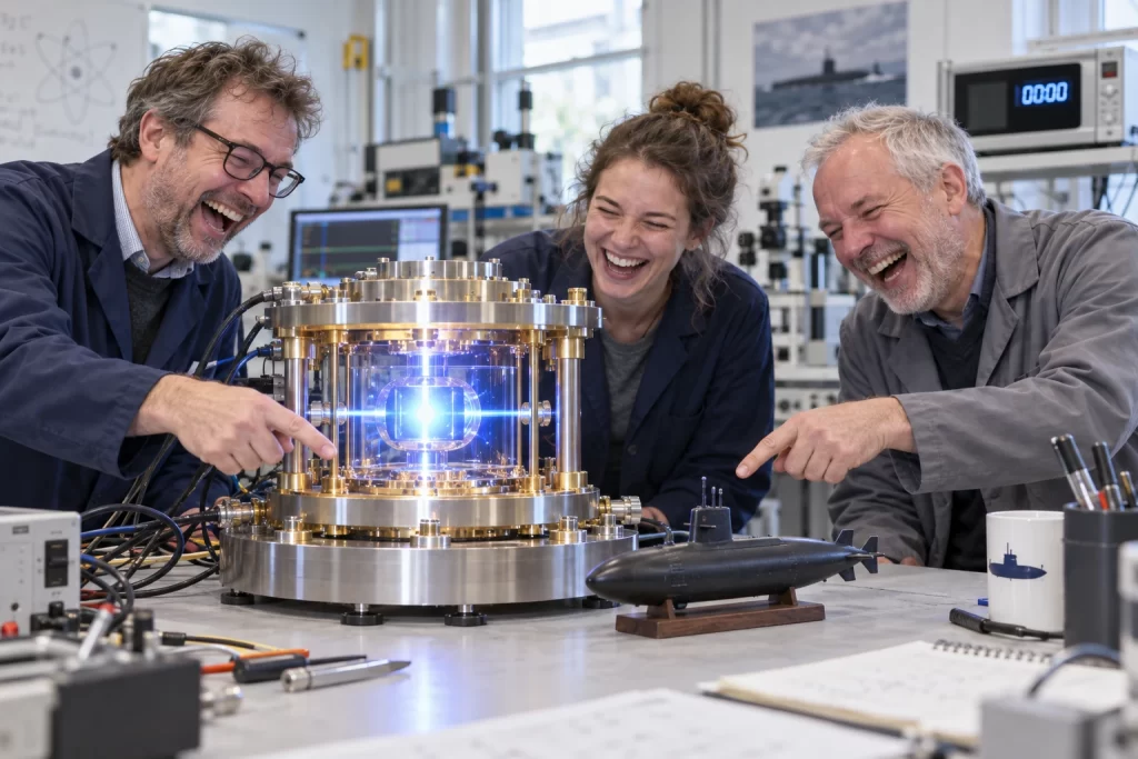 Three fictional adult British scientists visibly laughing around an oversized glowing atomic clock with a small toy submarine in a laboratory.