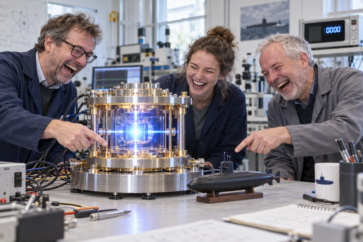 Three fictional adult British scientists visibly laughing around an oversized glowing atomic clock with a small toy submarine in a laboratory.