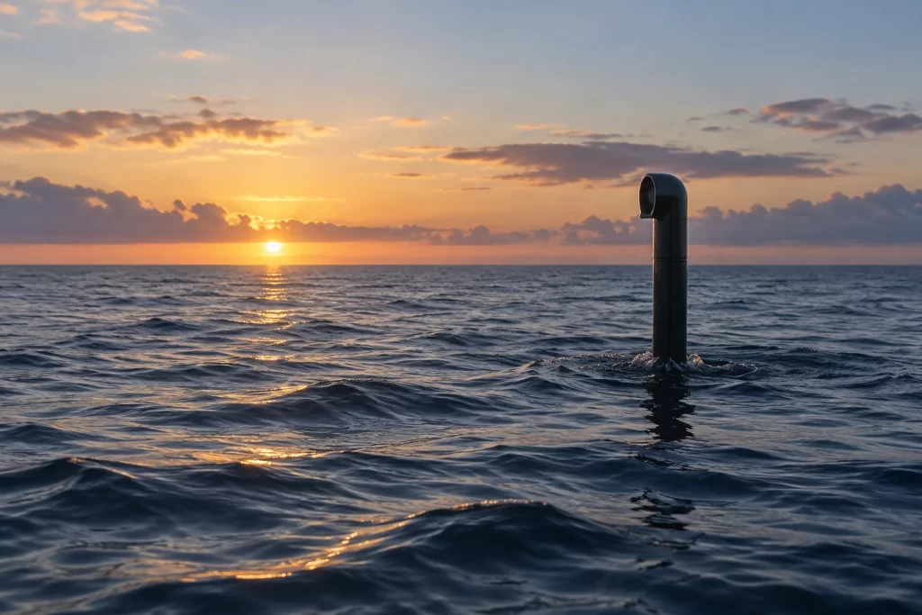 An unmarked submarine periscope rises from a calm deep blue ocean at dawn.