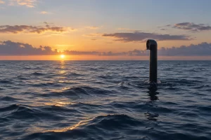 An unmarked submarine periscope rises from a calm deep blue ocean at dawn.
