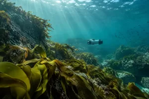 Uncrewed underwater vehicle in a fictional AUKUS uncrewed underwater technology 2026 kelp scene