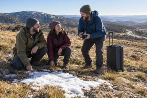 Three laughing snow researchers crouch beside a small patch of snow with a camera and empty suitcase in a dry mountain landscape.
