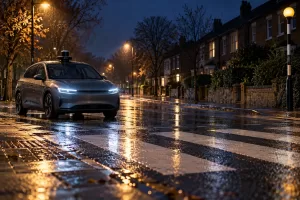 Unbranded autonomous test car at a zebra crossing for fictional automated vehicle safety principles editorial photograph