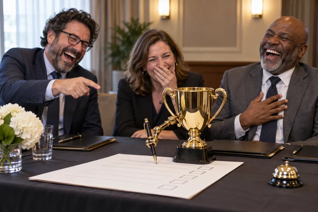 Three fictional awards judges laugh as a trophy uses a mechanical arm to fill in a blank feedback form.