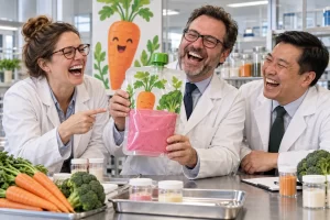 Three laughing adults in lab coats examine a large clear pouch of pink dessert decorated with smiling vegetables.