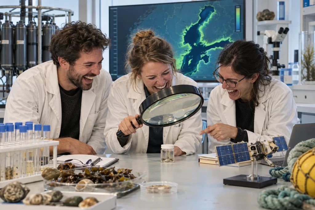 Three laughing fictional marine scientists examine a tiny sample jar through an oversized magnifying glass before a glowing green Baltic Sea map.