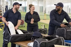 Three clearly laughing fictional adult staff organise a Bangladesh Asia Cup squad travel folder beside cricket kit bags.