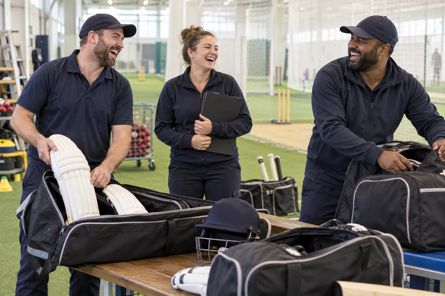 Three clearly laughing fictional adult staff organise a Bangladesh Asia Cup squad travel folder beside cricket kit bags.