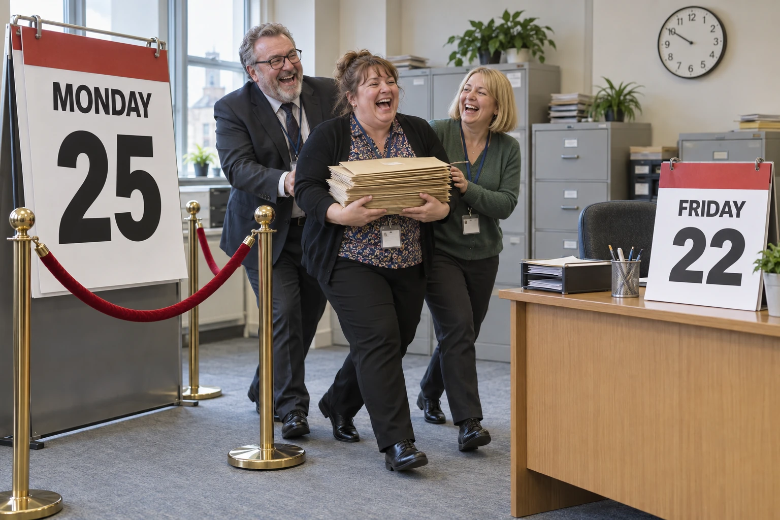 Three laughing officials carry envelopes past a roped off Monday 25 calendar towards a desk displaying Friday 22.