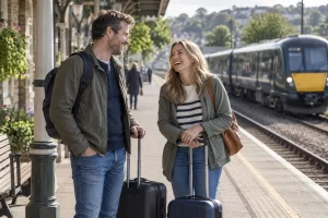 Two rail passengers laugh beside their suitcases on a sunny southern England station platform.