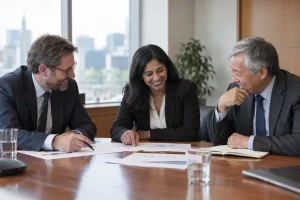 Three adult economists laugh together over unmarked charts in a modern meeting room.