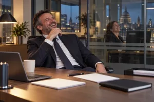 Two laughing finance professionals at fictional bank ring-fencing reforms 2026 office