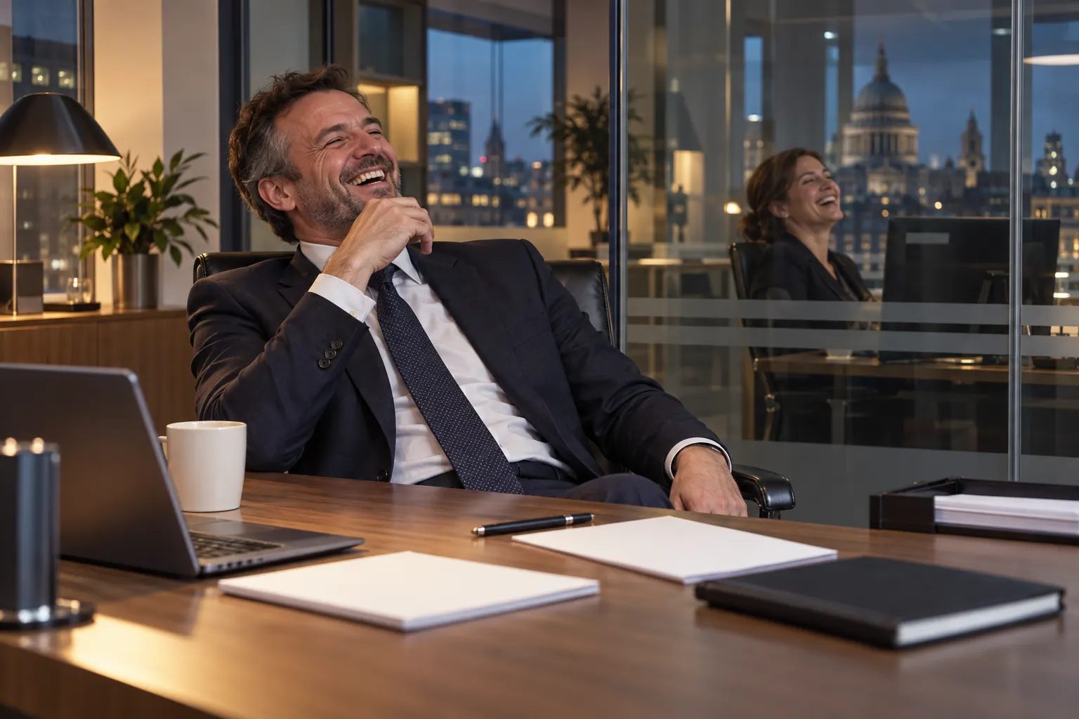 Two laughing finance professionals at fictional bank ring-fencing reforms 2026 office