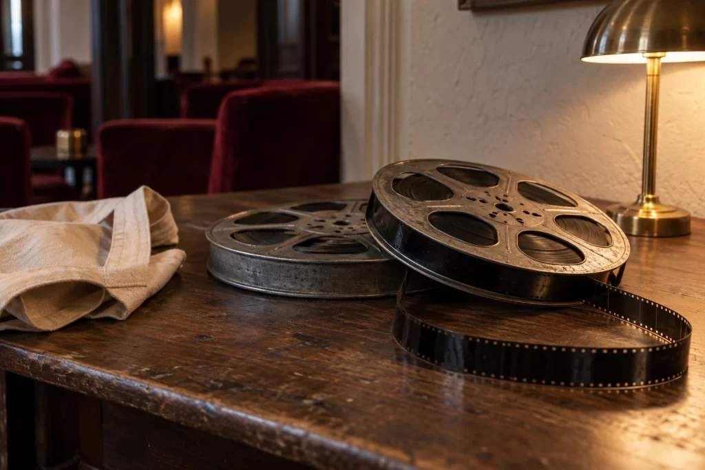 Two metal film reels and a loose ribbon of film rest on a worn table in a quiet cinema foyer.