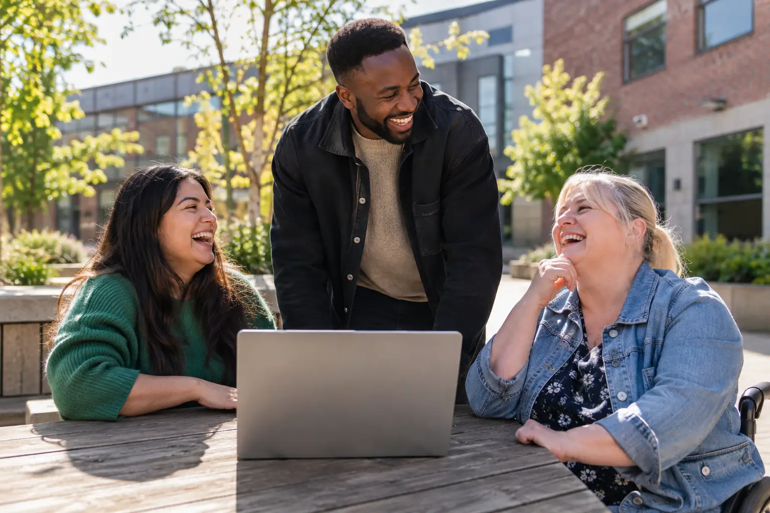 Original editorial photograph of three laughing adults around a blank closed laptop in a sunny college courtyard, with no other people