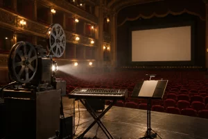 A vintage film projector, compact synthesizer and music stand wait on an empty historic cinema stage.