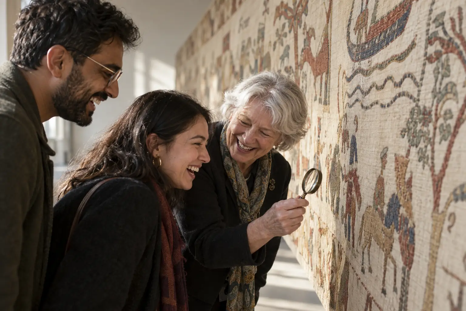 Original editorial photograph of three laughing museum visitors examining a medieval-style textile with a plain magnifying glass in a sunny gallery, with no logos or text