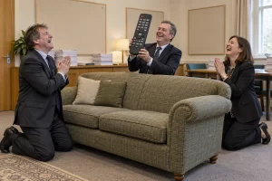 Three fictional adult consultation officials clearly laugh around a sofa while one holds an oversized television remote like a constitutional document.