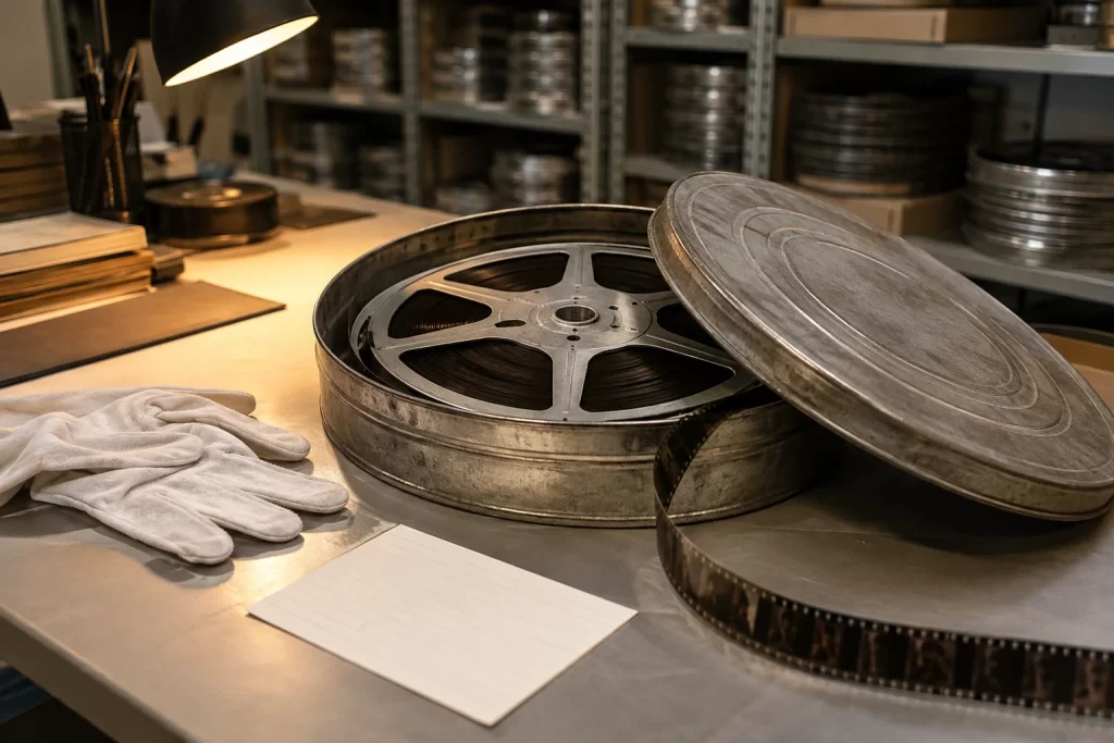 An open unmarked metal film can reveals a vintage reel on an archive workbench beside gloves and a blank index card.