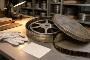 An open unmarked metal film can reveals a vintage reel on an archive workbench beside gloves and a blank index card.