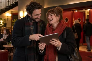 Two cinema goers laugh together while choosing a film on a tablet in a warm theatre foyer.